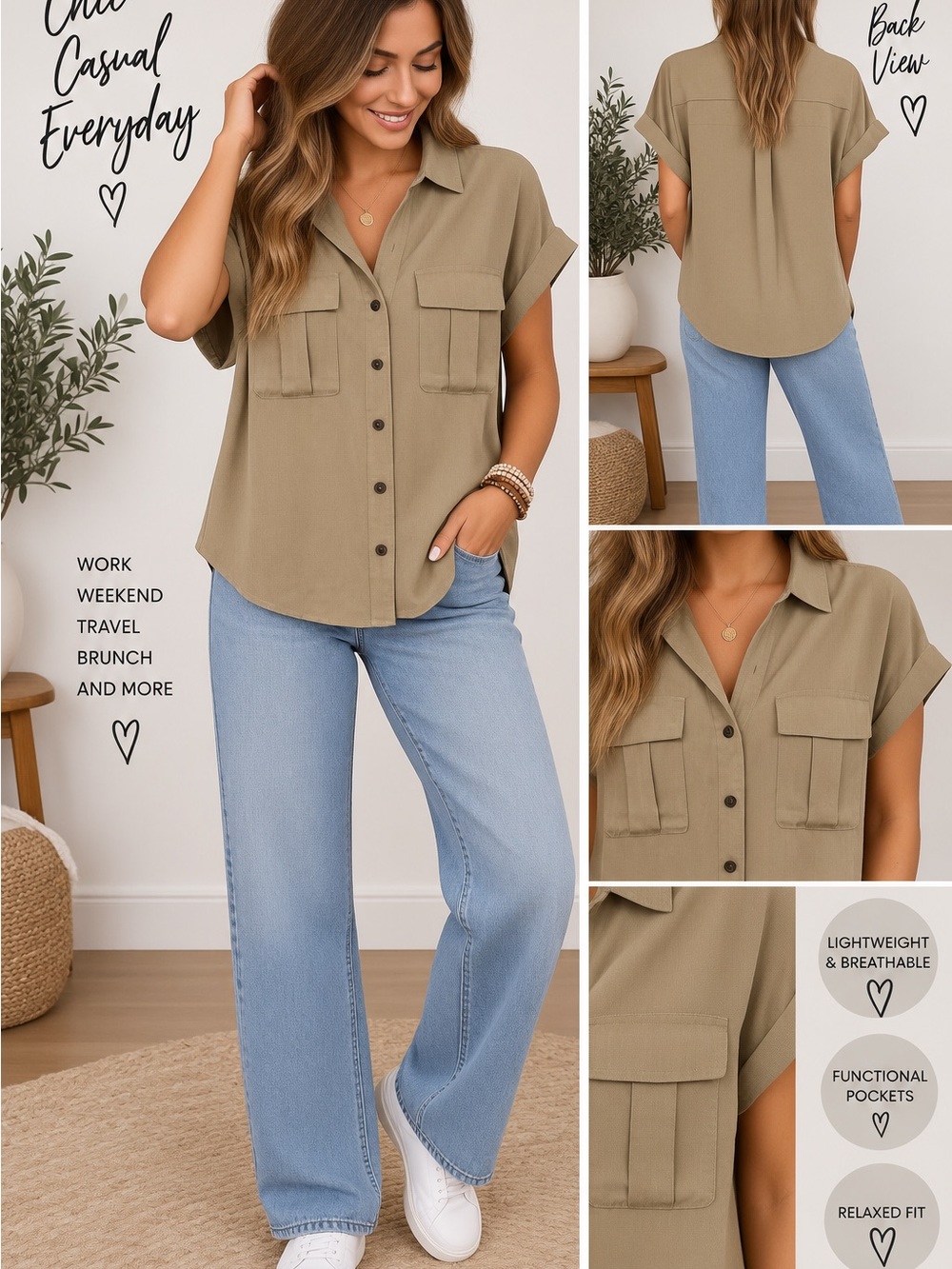 Zenana Relaxed Olive Utility Button-Up Top - Women